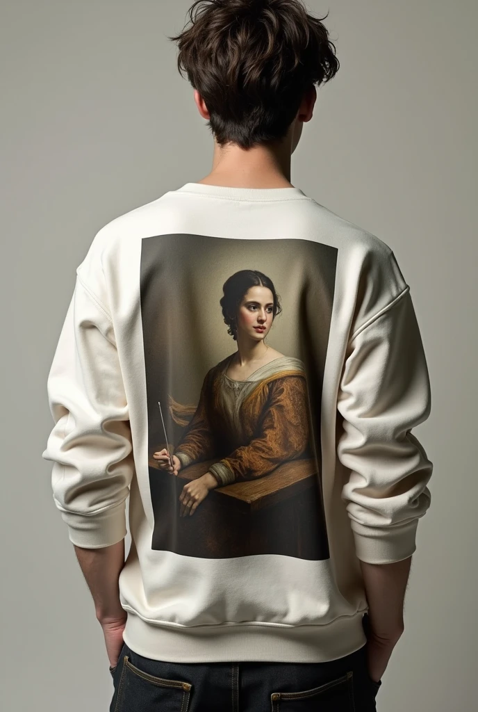 Sweatshirt with a realistic design depicting art on the back, that has a famous realist painting