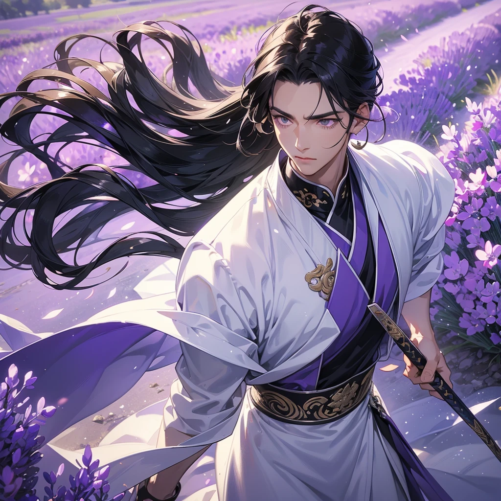 A Handsome black-hair male holding a large sword in an white ancient chinese costume, close up.

Stroll among the purple lavender fields , There are some floating clouds.