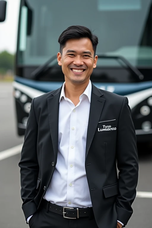 a handsome 2 man from Indonesia, short and neat hair, wearing a white shirt and covered with a black jacket, with the words "Bus Driver" on his right chest, and the words "Tyo Lumanto" on his left chest, standing at behind a big bus in a parking lot, smile expression, realistic, super HD, detailed.