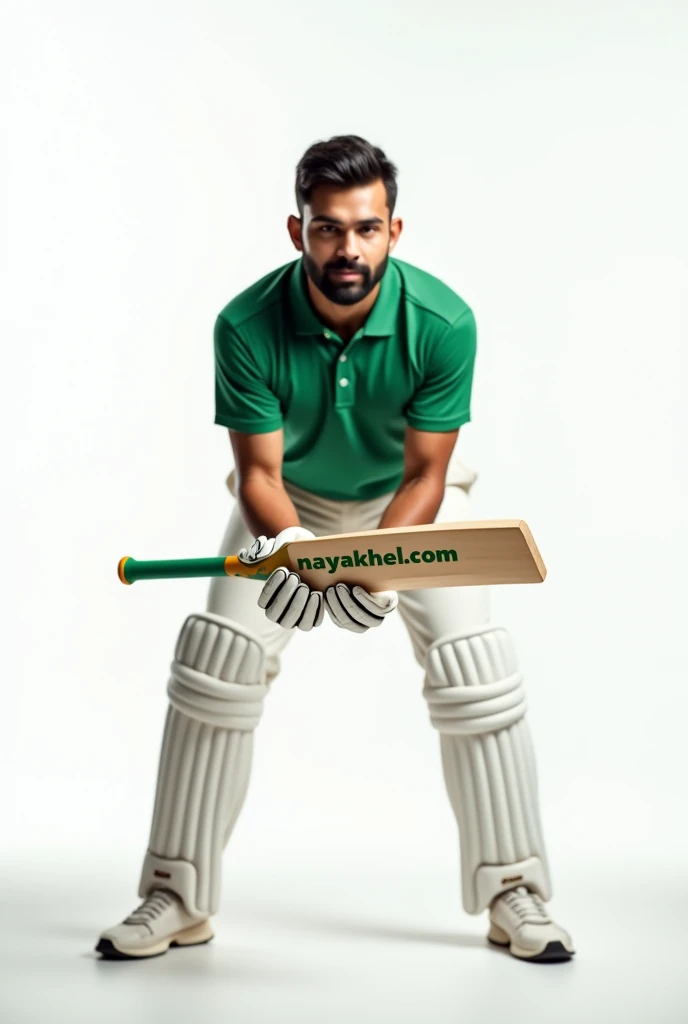 Man in green collared tshirt and white trouser, holding a bat in straight drive position in cricket, having a text written on bat "NAYAKHEL.COM" showing bat to viewer, in white background