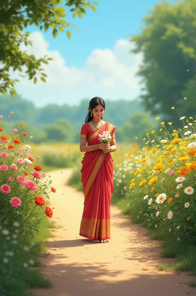 একটি রাস্তা, তার ধারে ছোট ছোট ফুলের গাছ ফুল ফুটে আছে রঙিন ফুল। একটি মেয়ে শাড়ি পড়ে হাতে সাজিয়ে নিয়ে ফুল তুলছে