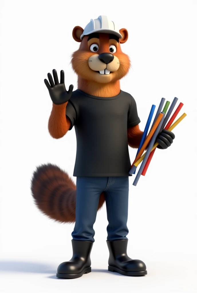 Create animated beaver corporate image options , that is standing in front, skinny, that he is dressed in a black collarless t-shirt, and a dark blue jeans pants, with strap and without straps , Black engineer-type boots inside the pants and the shirt is dressed, that one has a white safety helmet, the other dark blue cap same color as the pants , that looks like an engineer, that in his left hand he holds some cut tubes of various colors, and with his right hand raised greeting, that has a white background, and his expression is calm and with his mouth half open
