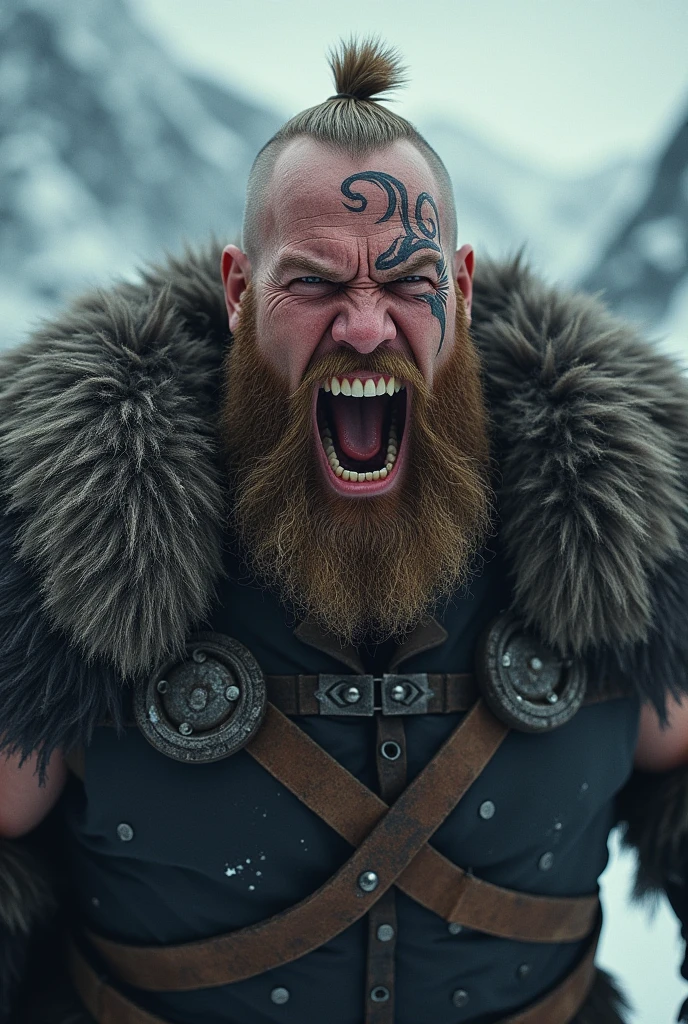  a mega realistic viking screaming with his teeth showing, with a Nordic tattoo around his eye