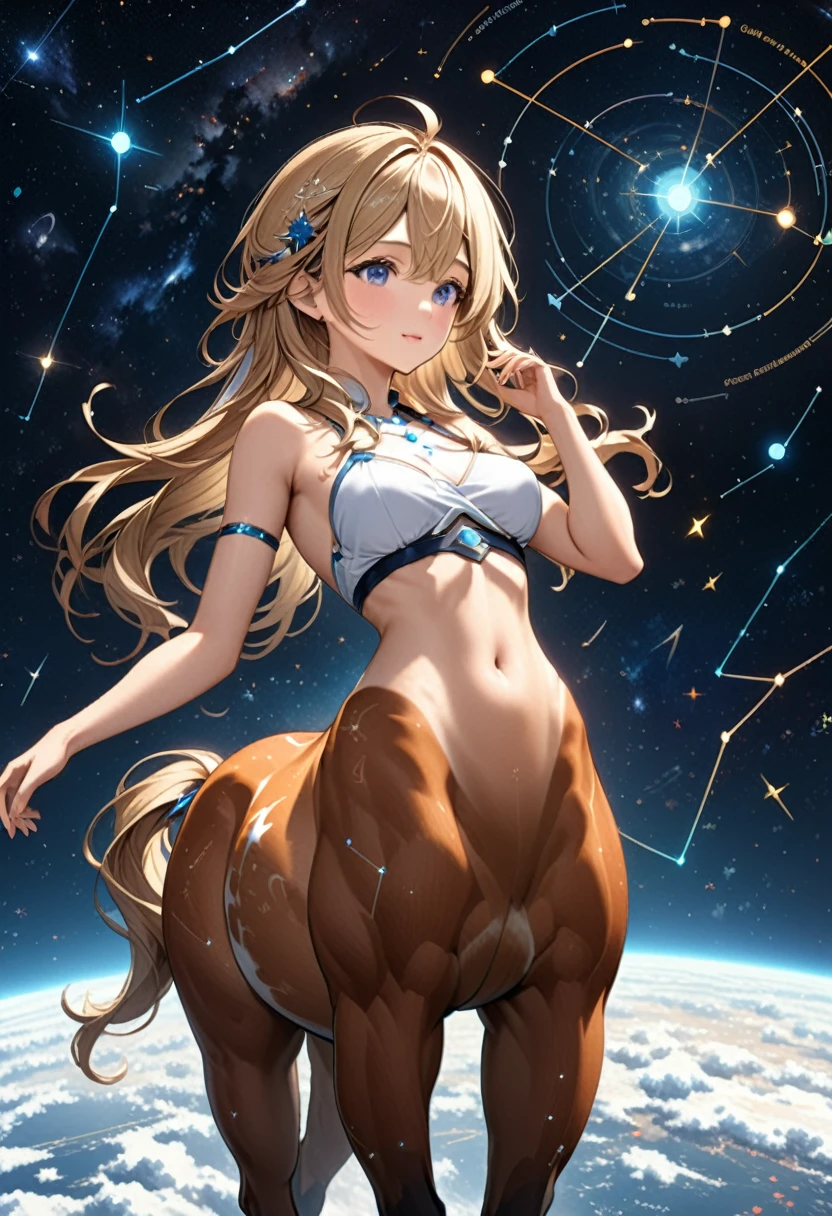          Centaur constellation is very beautiful and charming. The girl&#39;s body is the body of a unicorn. Centaur constellation Centaur constellation. The lower body of Centaur constellation is very beautiful. Close-up of white horse body. White curly long hair. Background. Half moon starry sky. Ethereal, mysterious, intricate, meticulous, surreal, sci-fi, art aesthetic, light and shadow movie special effects. High resolution image hyper realistic texture high resolution, Digital painting, Delicate and dynamic rendering,

                             super high quality, masterpiece, Super detailed, Highest quality animation style high definition presentation  
