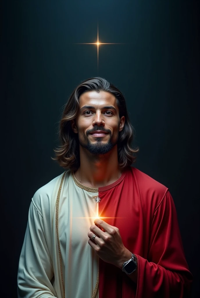 "A hyper-realistic, ultra-high 36k resolution image featuring a split-screen scene. On the left side, Jesus stands, smiling gently, with his face clearly visible, looking forward. Below Jesus, there is a glowing red subscribe button. On the right side, Cristiano Ronaldo stands confidently, his face fully visible, with a slight smile, looking forward. Below Ronaldo, a glowing blue like button is displayed. The background is dark with subtle lighting to highlight both figures, creating a dramatic yet balanced visual effect."