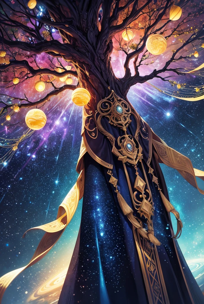 Subject: horror An enormous Eldritch Tree with branches that generate galaxies and a trunk that sustains the Chaos Universe. The tree glows with vibrant purples, blues, and golds, its bark covered with glowing orbs and ancient symbols.
Environment/Background: A cosmic expanse filled with swirling nebulae, intricate cosmic designs, and floating celestial bodies. The scene exudes an aura of ancient, mystical power, highlighting the tree's crucial role in the cosmos.
Image Type: Cosmic fantasy scene
Art Styles: Fantasy, cosmic, eldritch, detailed, majestic
Camera/Shot: Wide shot, emphasizing the tree's grand and mystical presence
Lighting: Ethereal, cosmic lighting with vibrant highlights and deep shadows
Render-related: High resolution with intricate textures and a detailed cosmic background