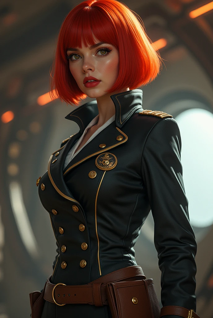 red bob cut, beautiful woman, starship captain, short jacket, cowboy shot, flirty, military bearing, standing, pirate