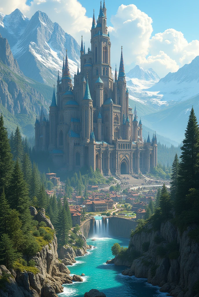 Generate a 

**Kingdom of Sardonyx:**

A majestic kingdom with an imposing stone palace and slender towers, decorated with precious stones. Surrounded by high mountains with snowy peaks and vast dense and mysterious forests. The surrounding town has stone houses, winding streets and vibrant markets. The environment is enriched with well-kept gardens, springs and waterfalls in crystal clear rivers.
 3d. Use the RenderMan renderer. 3d. digitl art. High definition, hight contrast, high color saturation.
