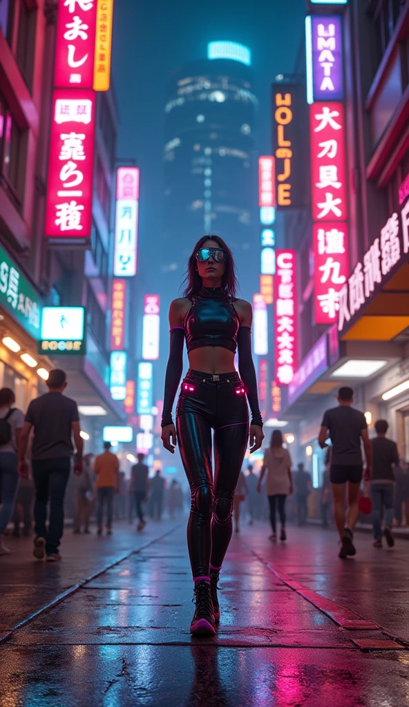 Generate an ultra-realistic 4K image of a female protagonist entering a bustling cyberpunk street at night. She’s wearing a high-tech outfit with neon accents and a futuristic visor. The street is vibrant with 1980s retro elements like neon lights and VHS-style holograms. She is looking around in awe as she encounters the neon-drenched environment filled with bustling crowds, advanced tech displays, and retro-futuristic architecture