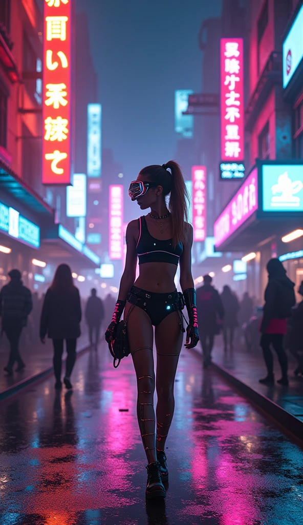 Generate an ultra-realistic 4K image of a female protagonist entering a bustling cyberpunk street at night. She’s wearing a high-tech outfit with neon accents and a futuristic visor. The street is vibrant with 1980s retro elements like neon lights and VHS-style holograms. She is looking around in awe as she encounters the neon-drenched environment filled with bustling crowds, advanced tech displays, and retro-futuristic architecture