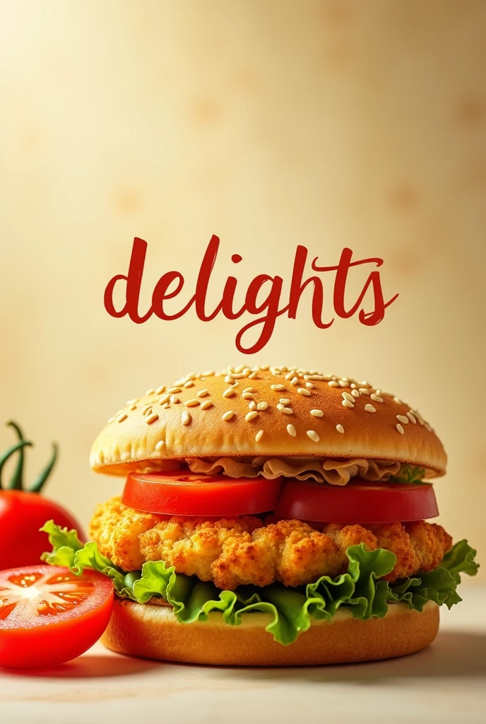 Fried sandwich,tomato and lettuce , with the word "delights" floating