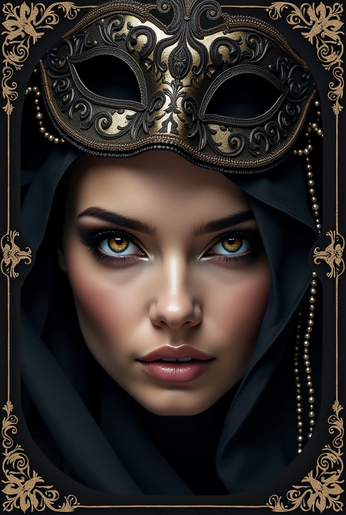 Create a masquerade poster an attractive two eye of a beautiful real woman with a masquerade with beautiful designs im prepared of blackish color

