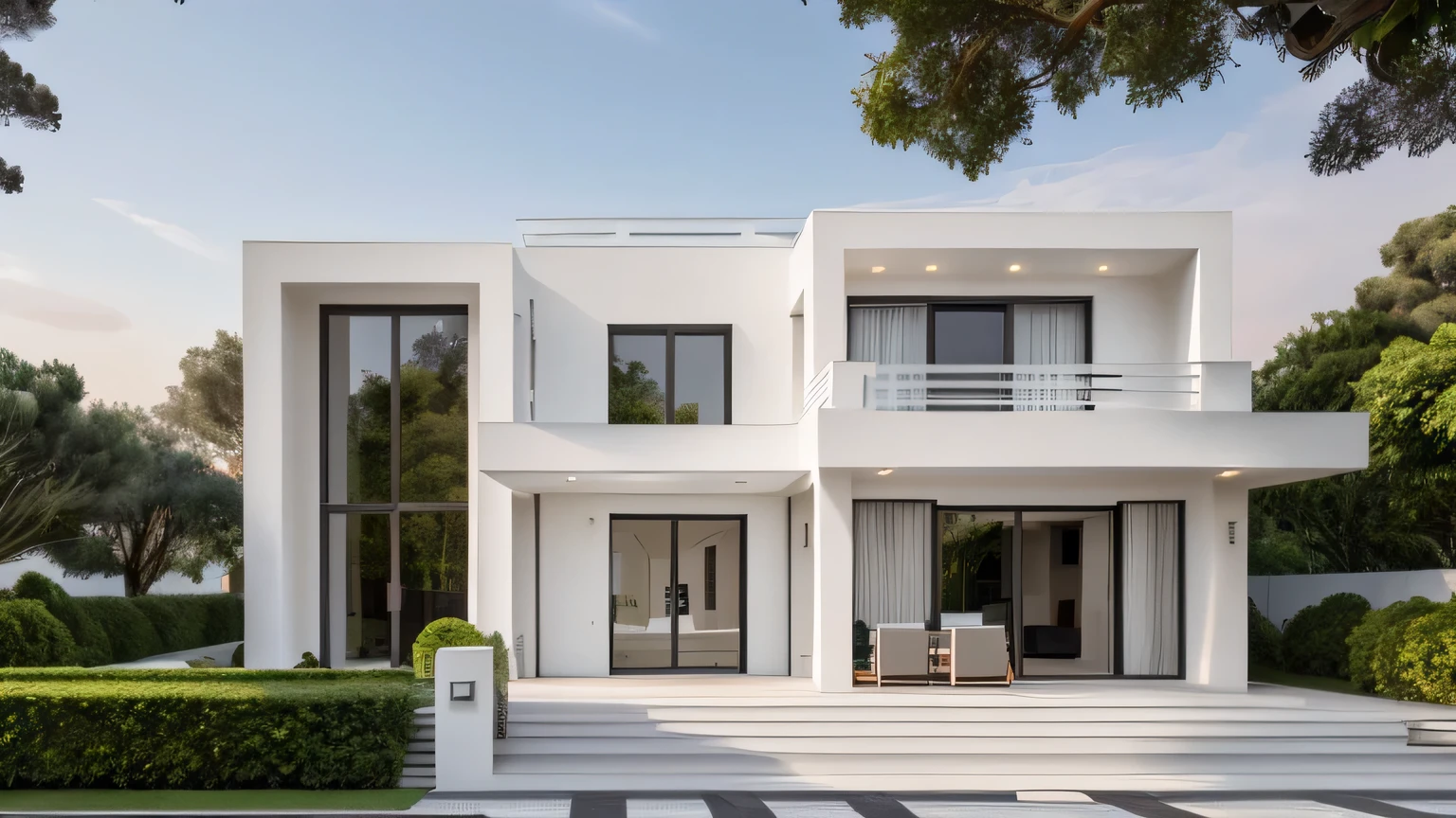 The villa has a modern style, the blocks are intelligently arranged, the square blocks have harmonious proportions, located on a hill, the house has three white floors, the balcony protrudes with green patches, sunset , beautiful sky, soft light, bright spots, actual pictures, 4k.