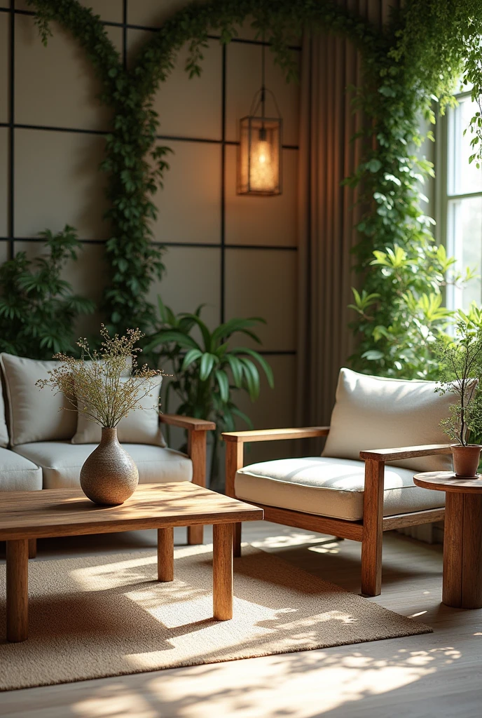 Images of the decoration in action: placement of simple and elegant furniture, details in aged wood, and the integration of natural elements such as plants.