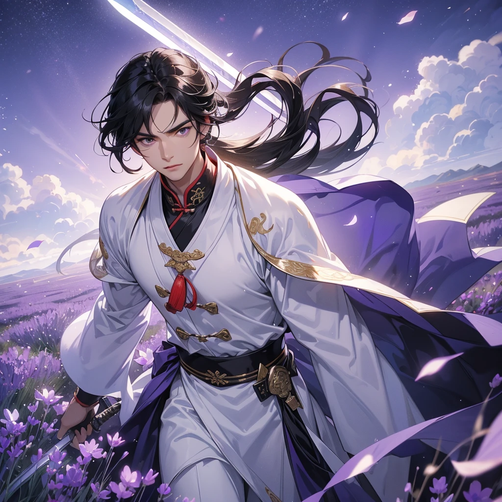 A Handsome black-hair male holding a large sword in an white ancient chinese costume, close up.

Stroll among the purple lavender fields , There are some floating clouds.