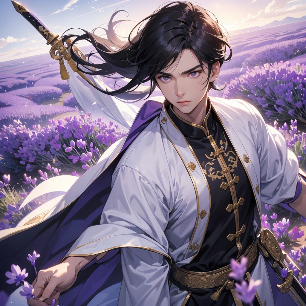 A Handsome black-hair male holding a large sword in an white ancient chinese costume, close up.
Stroll among the purple lavender fields , There are some floating clouds.