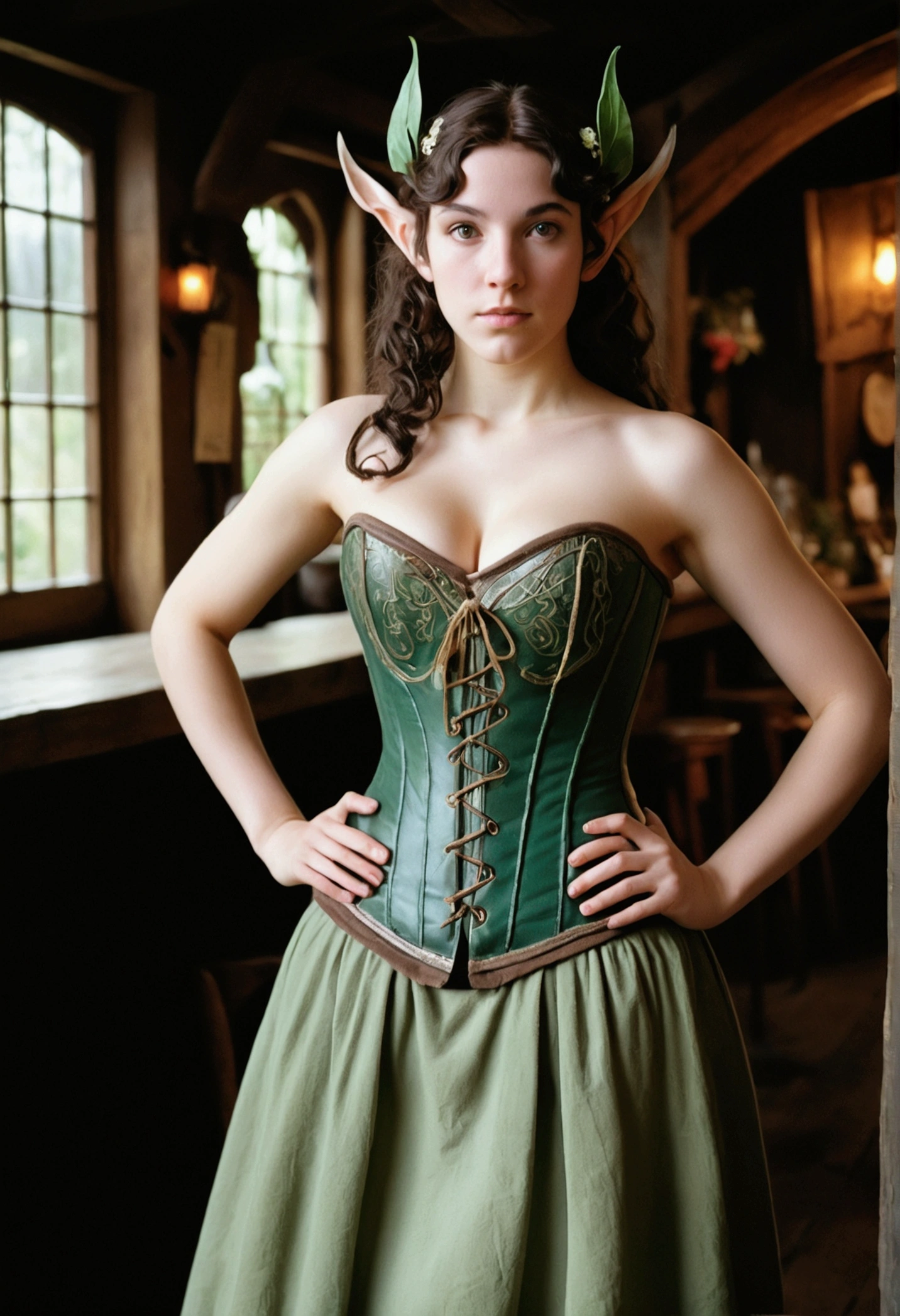 analog film photograph, photo of an elven maiden, 18-years-old, amazonian stature, athletic hourglass figure, busty breasts, narrow waist, full wide hips, big round buttocks, wearing a corset and a petticoat, warm almond complexion, pointy elf ears, dark hair, short curly bob cut, resembles Mary Elizabeth Winstead, posing in a seedy medieval tavern, RAW Photograph, dslr, soft lighting, high quality, film grain, Fujifilm XT3, detailed skin with visible pores, insane details, masterpiece, 8k, 35mm photograph, dslr, kodachrome, faded film, desaturated, grainy, vintage, Lomography, stained, highly detailed, found footage, long elven ears