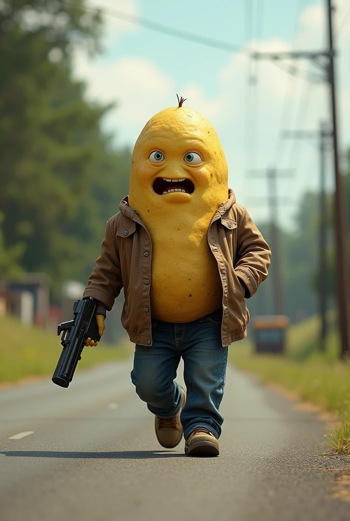 Potato like a boy, walk on road with gun