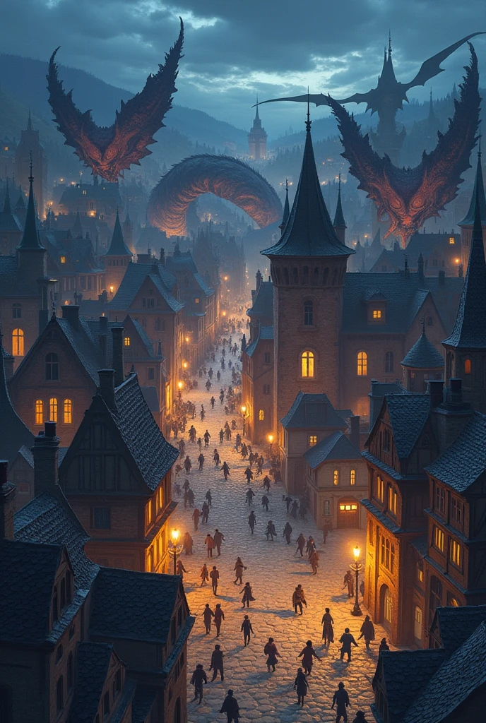 Fantasy anime style city in the middle ages attacked by monsters little panic people animation night