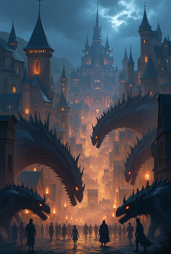 Fantasy anime style city in the middle ages attacked by monsters little panic people animation night 