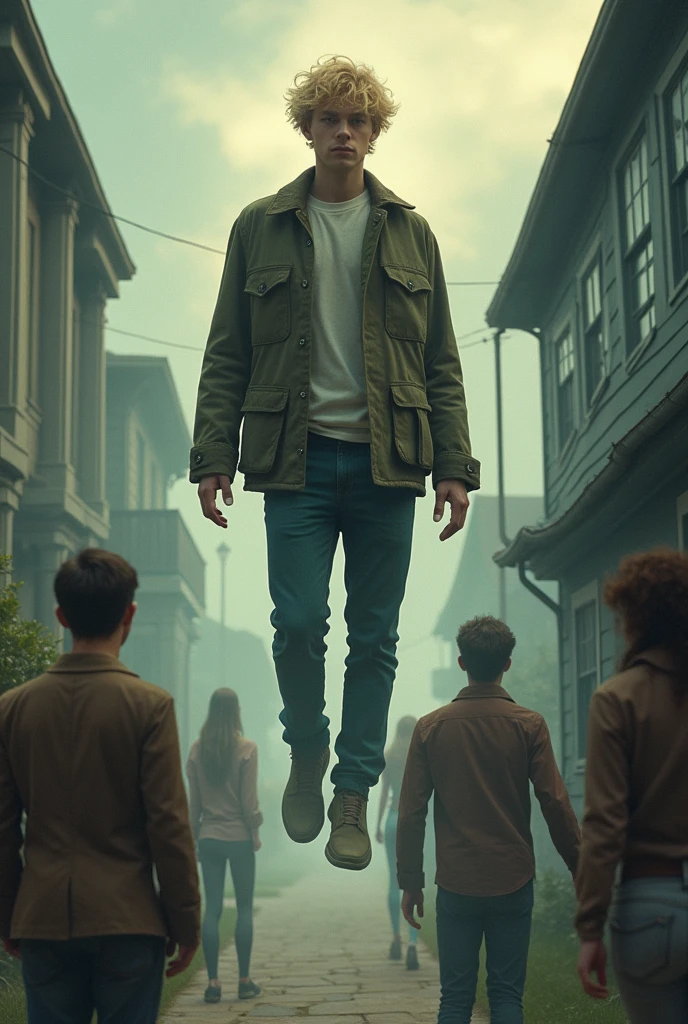 I want you to create a character around 20 years old with psychic powers.. He is white, blond with an old money haircut and not so strong physique and wearing ordinary clothes . Levitating above a house he can mentally control several people around him