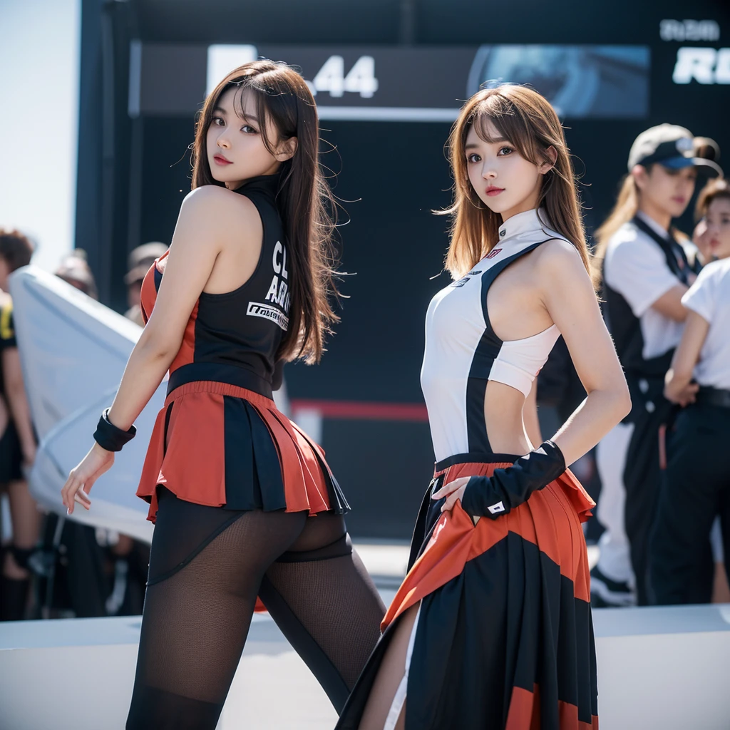 Ultra detailed face、Cool woman、Colorful costumes、F1 Driver Cosplay、Colorful costumes、Clothing with company logo、Grid Girlsのカラフルで派手な衣装、Grid Girls、Perfect Face、Paddock Girls、motor Show、tights、Bodycon Costumes、Grid Girls、Russia、Grid Girlsのコスプレ、Belly button、Pleated skirt、Bodycon Costumes、Photographed in a sexy pose、Show your ass