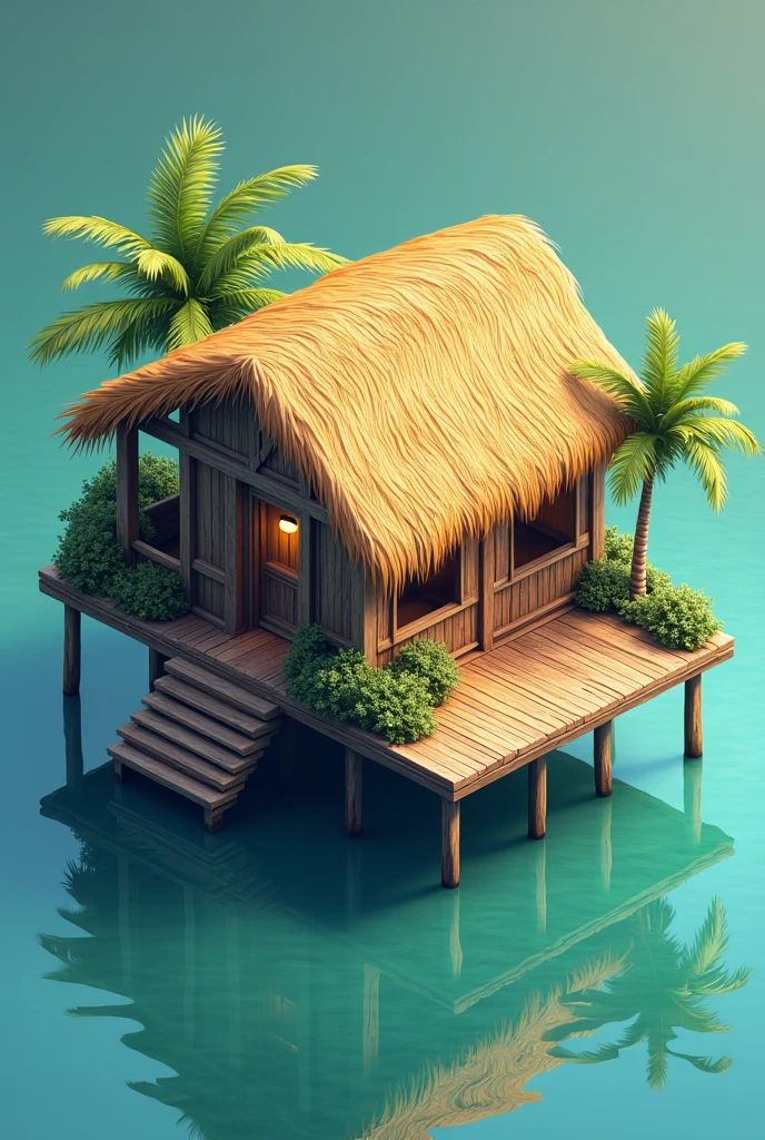 Architectural isometric of a stilt house built on water, made of wood and palm roof