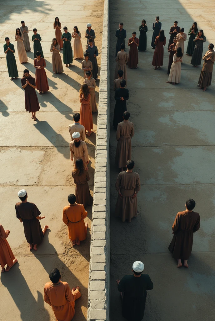 There is a high wall separating two plots of land, aerial vision, on one side of the wall bearded Iranian men in their underwear pray together on their knees with Islamic headdresses on their heads, on the other side of the high wall women standing in evangelical dresses praise standing with their hands raised to the sky. concrete floor. Men separated from women. day Of course.