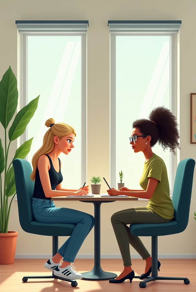 3 collègues assises dans un bureau avec 2 fenêtres et 1 plante verte Zz
1 femme 63 ans blonde cheveux long lisse attachée qui porte des lunettes de vue, haut noir bretelle fine,jeans, basket stan smith blanche
1 jeune femme 25 ans blonde cheveux bouclés timide frange tshirt vert jeans basket adidas noir peau blanche
1 femme noire malgache 30 ans 1m60 80kg cheveux long lisse attaché dans être coiffé, lunette année 80, robe jaune, ballerine, sac de plage malgache
Homme 48 ans, lunette 1m75 75kg regard soucieux yeux bleu, tshirt bleu, jeans, basket grise
Femme 46 ans 1m75 forte yeux clair lunette maquillé rouge à lèvres