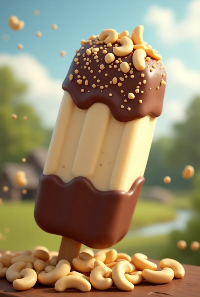 Cashew flavored ice cream on a stick covered in a layer of chocolate with cashew nut sprinkles on top , in the background a landscape of the northeast
