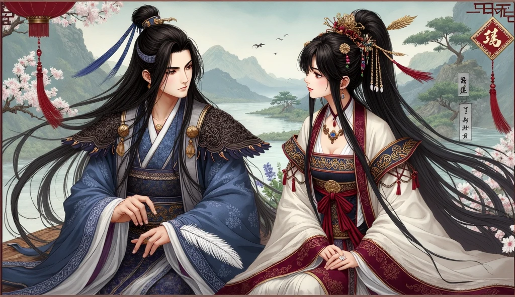Anime Thick Painting、Zhuge Kongming、Handsome、Long Beard、Beautiful Huang Yueying、Sitting and chatting