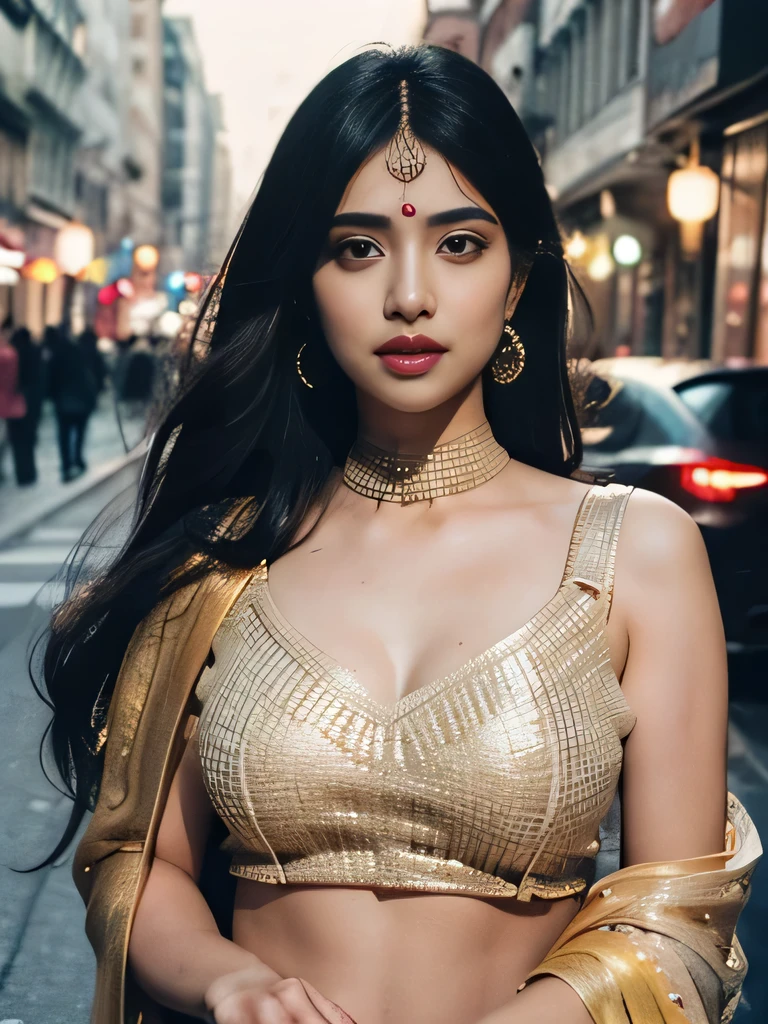 (((desi girl))), beautiful, stunning face, natural skin, wearing hot deep neck top and dupatta, perfect body, charming black hair, ((hair ends are blonde)), city streets background, bokeh