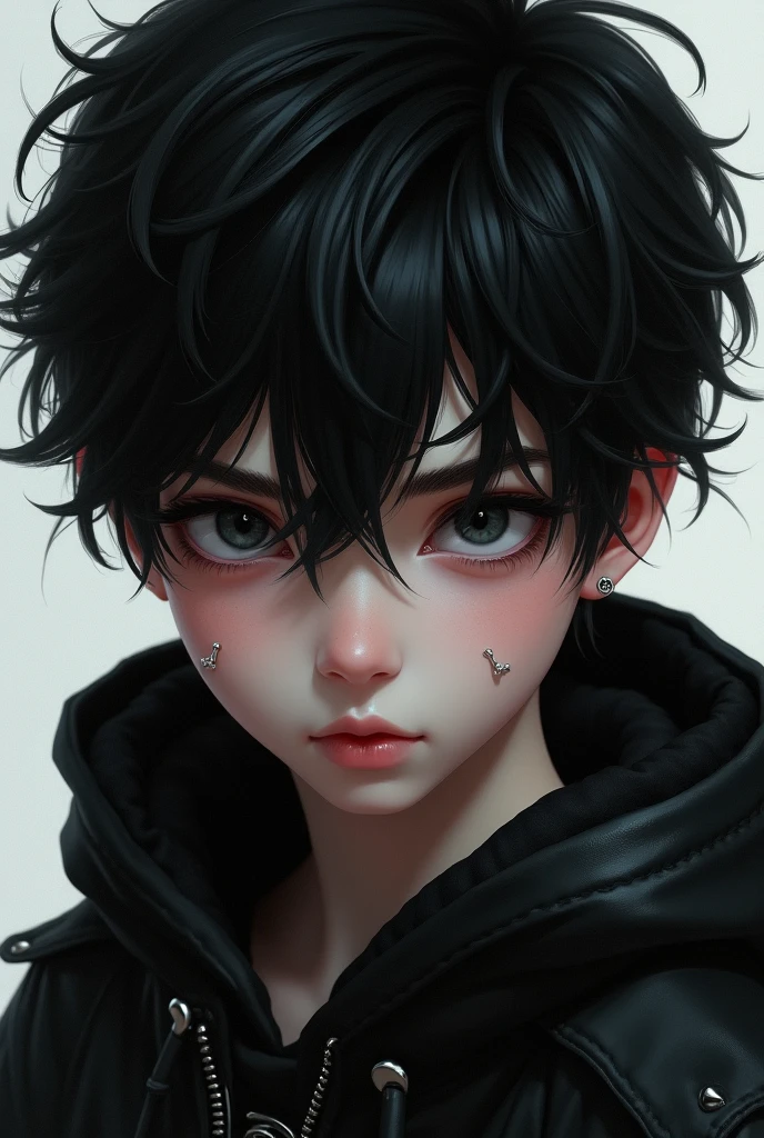 Black haired boy with black eyes and some piercings