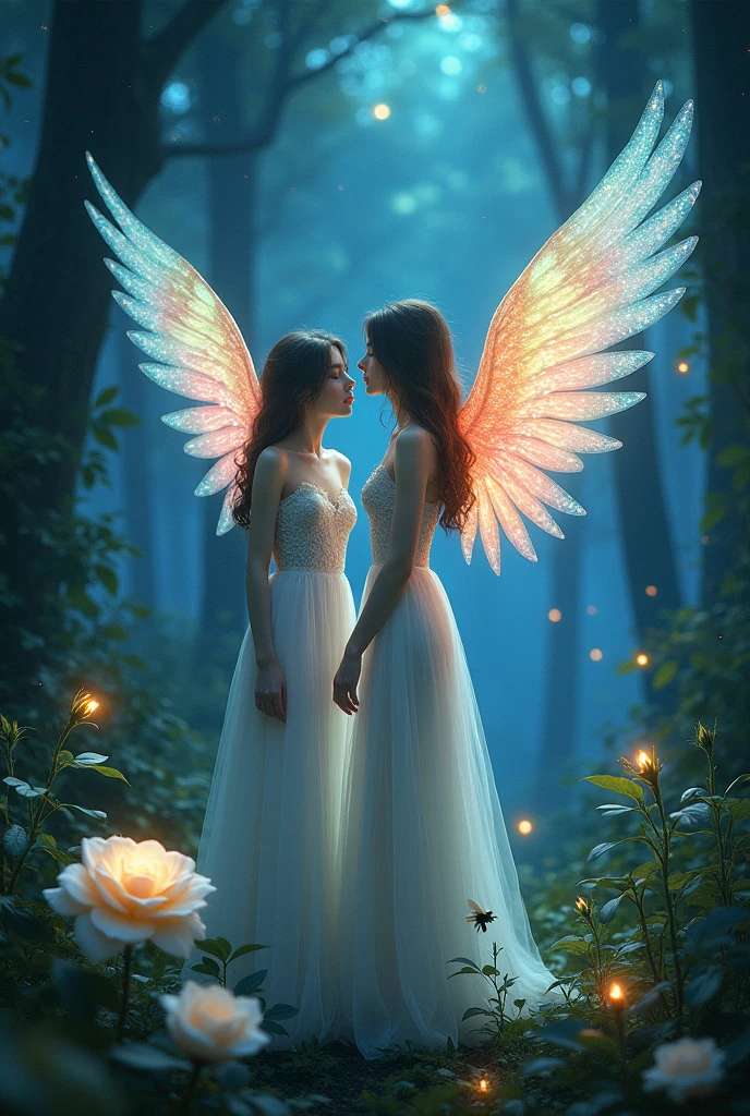 Make bird wings ,Vivid Wings , Beautiful forest background, wearing long dresses, A small bee is drawn on a white rose , A beautiful night forest with tiny light insects dancing