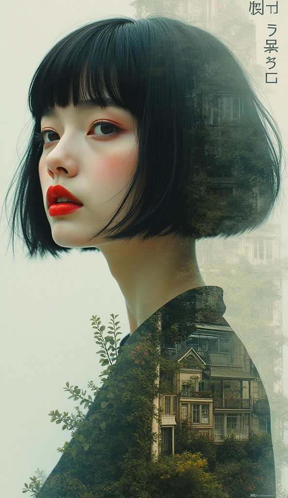 Edit Photos,Highly detailed background,Ultra-realistic,Double exposure,Depth of written boundary,Beauty Ultra Slender Skinny Vibe,Soft Focus Tone,Story Scene,Acrylic paint,Multi-layer structure,In Multi-pattern Multiform greenhouse,Crimson lips open,Multi-pattern,Multiform,Extremely close-up portrait photograph,Retro wabi-sabi old clothes,Very short bob-cut hair,Recall,