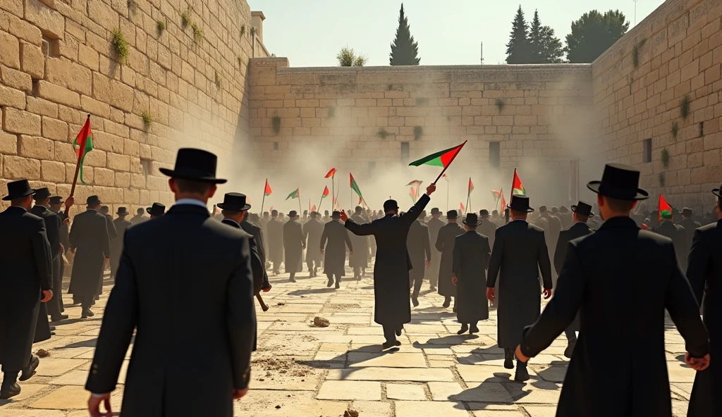 Scene of violence in Jerusalem at the Western Wall, Palestinians carrying flags attack rabbis with stones, strong and violent dinner, angry crowd, Realistic Scene, 8k, volumetric lighting, High details.