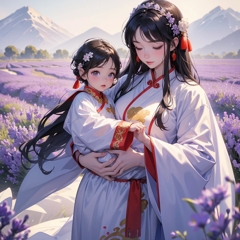 A one-year-old baby boy in an ancient Chinese baby costume with his beautiful mother, dressed in an white ancient Chinese costume, Stroll among the purple lavender fields , There are some floating clouds, playing with each other, with his handsome father standing next to his mother, close up.
