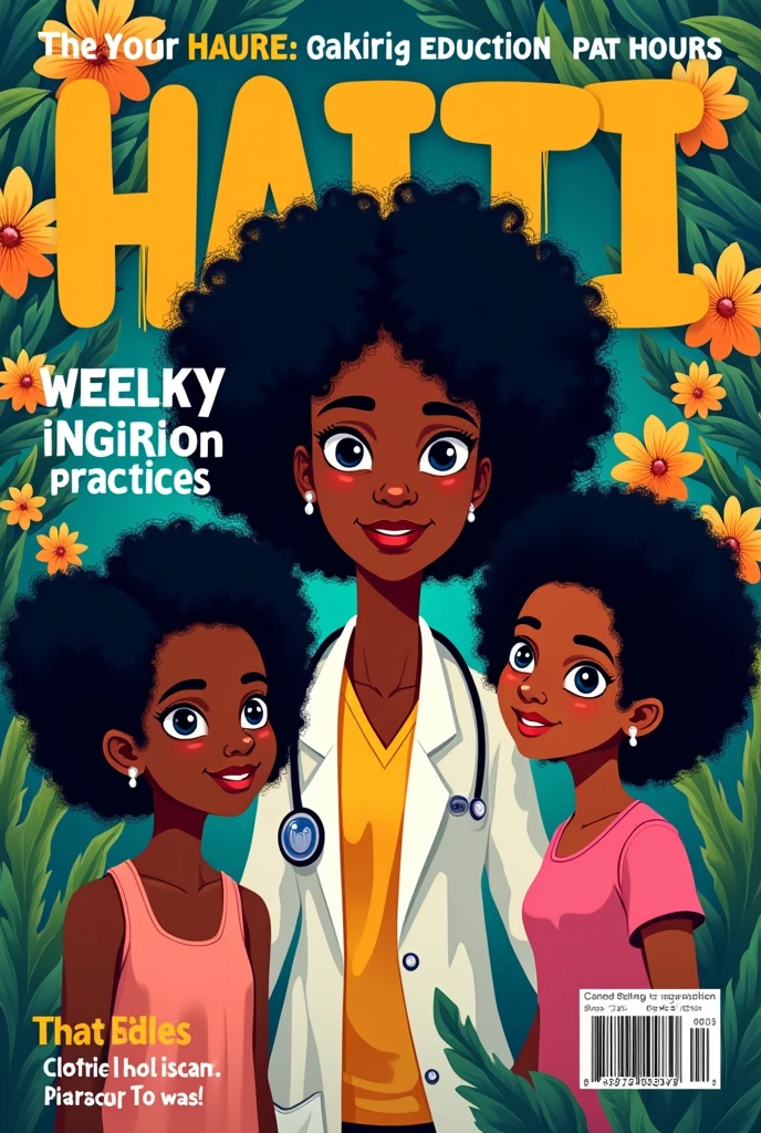 Une page de garde afro-haïtienne, (couverture d'un magazine), illustrée avec une section santé Macumba, weekly,  images d'une part l'infirmière et deux jeunes,  young girls with frizzy hair. Je fais appel à votre expertise pour cette page de couverture. The idea of the health section,  chaque semaine nous allons parler d'une pathologie, For example : high blood pressure, ensuite la semaine d'après nous annonçons la nouvelle rubrique et la pathologie exemple: le diabète, etc.. On the other hand, il y a l'image dominante de la semaine ainsi que d'autres conseils dont nous parlerons. Cadre fabuleux,  vibrant,  cooré,  image d un enfant qui a l asthme avec l infirmière sur la page de magazine. very colorful 