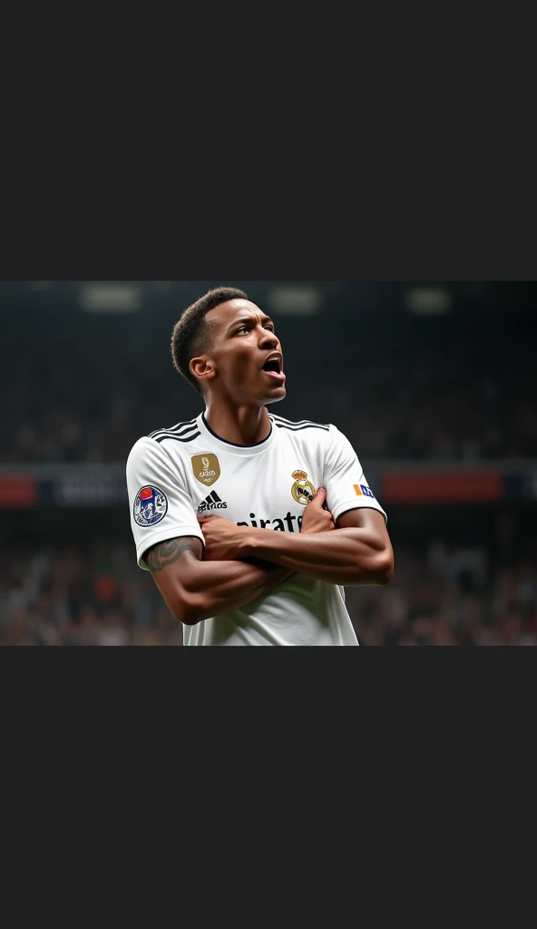photorealistic, 8k, hyperrealistic, a Kylian Mbappe wear Real Madrid jersey, number 9, celebrating his goal, in stadium, arm crossed pose, highly detailed face, intense expression, full body in frame, dramatic lighting, cinematic composition, chiaroscuro, dramatic shadows, photographic realism