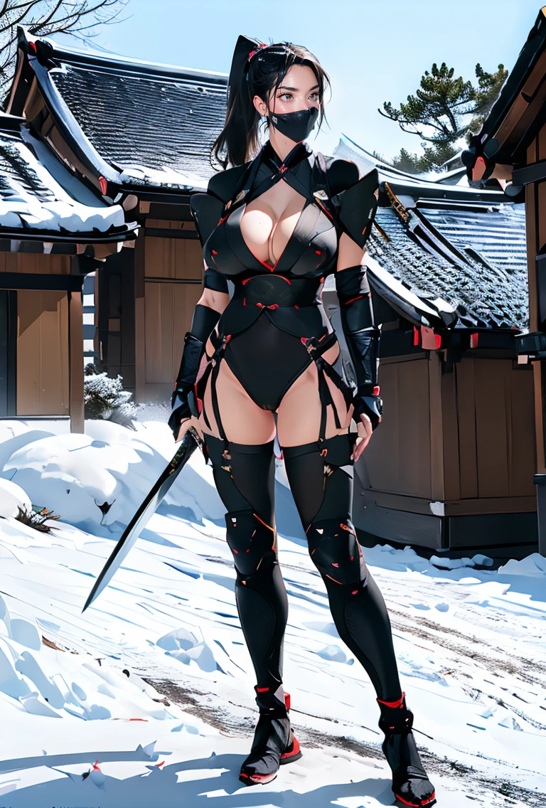 Thirty-year-old woman, 170 cm tall, (((((classic female ninja))))), model-like beauty, perfect features, ((((wearing in black　ninja armor)))), (((((no mask on her face:1.2))))), (((black ponytail with red ribbon))), chest area. Large exposed, (((((huge breasts visible:1.2))))), ((((holding a short ninja sword:1.2)))), Japanese castle in the background, standing on the roof tiles of the castle, (((((dynamic pose:1.1))))), (((high quality:1.1))), (((high resolution:1.1))), (((realistic:1.2))), ((((Detailed description:1.1)))), slim waist, plump upper body, plump lower body, perfect arms, perfect collarbone, perfect fingers, perfect five fingers, perfect hands, perfect limbs, perfect hips, Perfect butt, perfect thighs, perfect legs, movie lighting