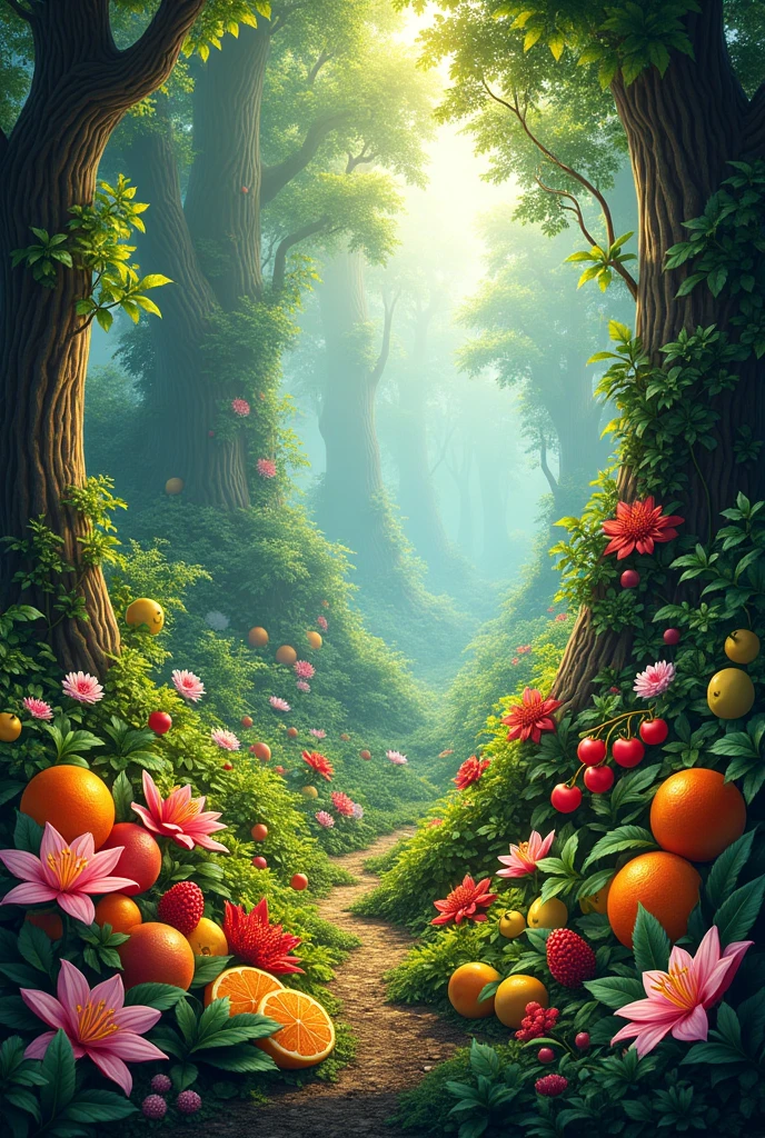 Forest full of fruits and flowers with greenery
