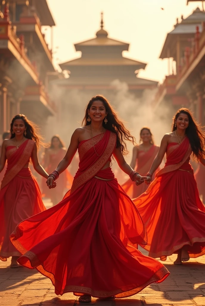 Create a group of girl wearing red saree and background as pashupatinath temple enjoying dancing and a bunch of insence on a group