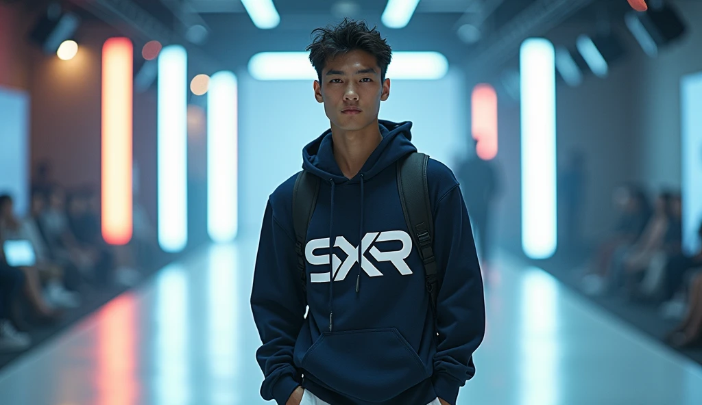 a sportwear fashion handsome 18 yrs. old Latin Asian male model, runway show full body holding sports bag pack, tank top casual wear style, SXR logo design, ultra-detailed, film photography, light leaks, trending on sportwear, sharp focus, studio photo, futuristic details, highly detailed