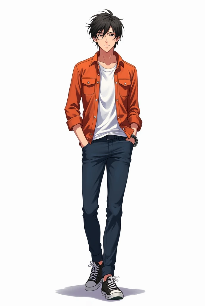 Men character art in anime and shirt and pant outfit and white background with full body image