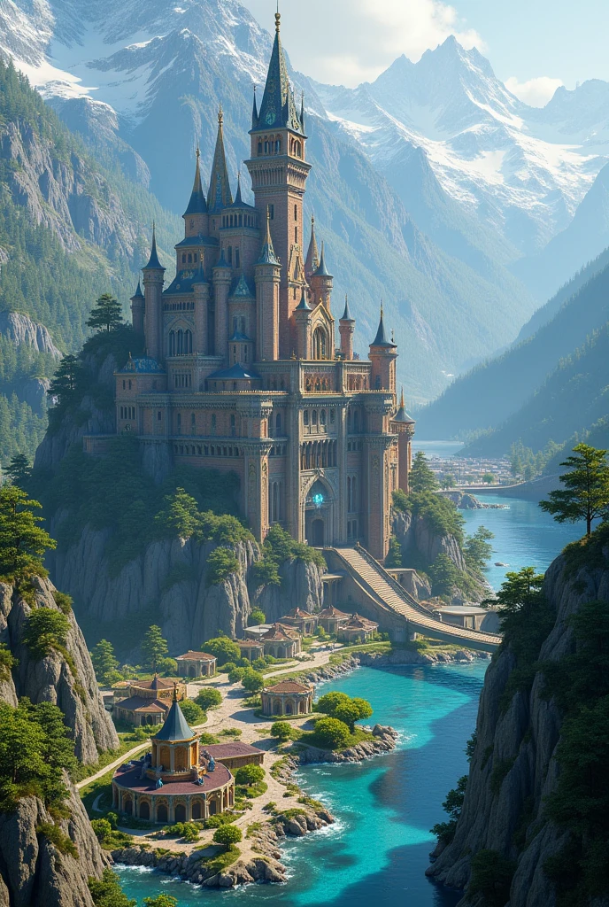 Generate a 

**Kingdom of Sardonyx:**

A majestic kingdom with an imposing stone palace and slender towers, decorated with precious stones. Surrounded by high mountains with snowy peaks and vast dense and mysterious forests. The surrounding town has stone houses, winding streets and vibrant markets. The environment is enriched with well-kept gardens, springs and waterfalls in crystal clear rivers.
 3d. Use the RenderMan renderer. 3d. digitl art. High definition, hight contrast, high color saturation.