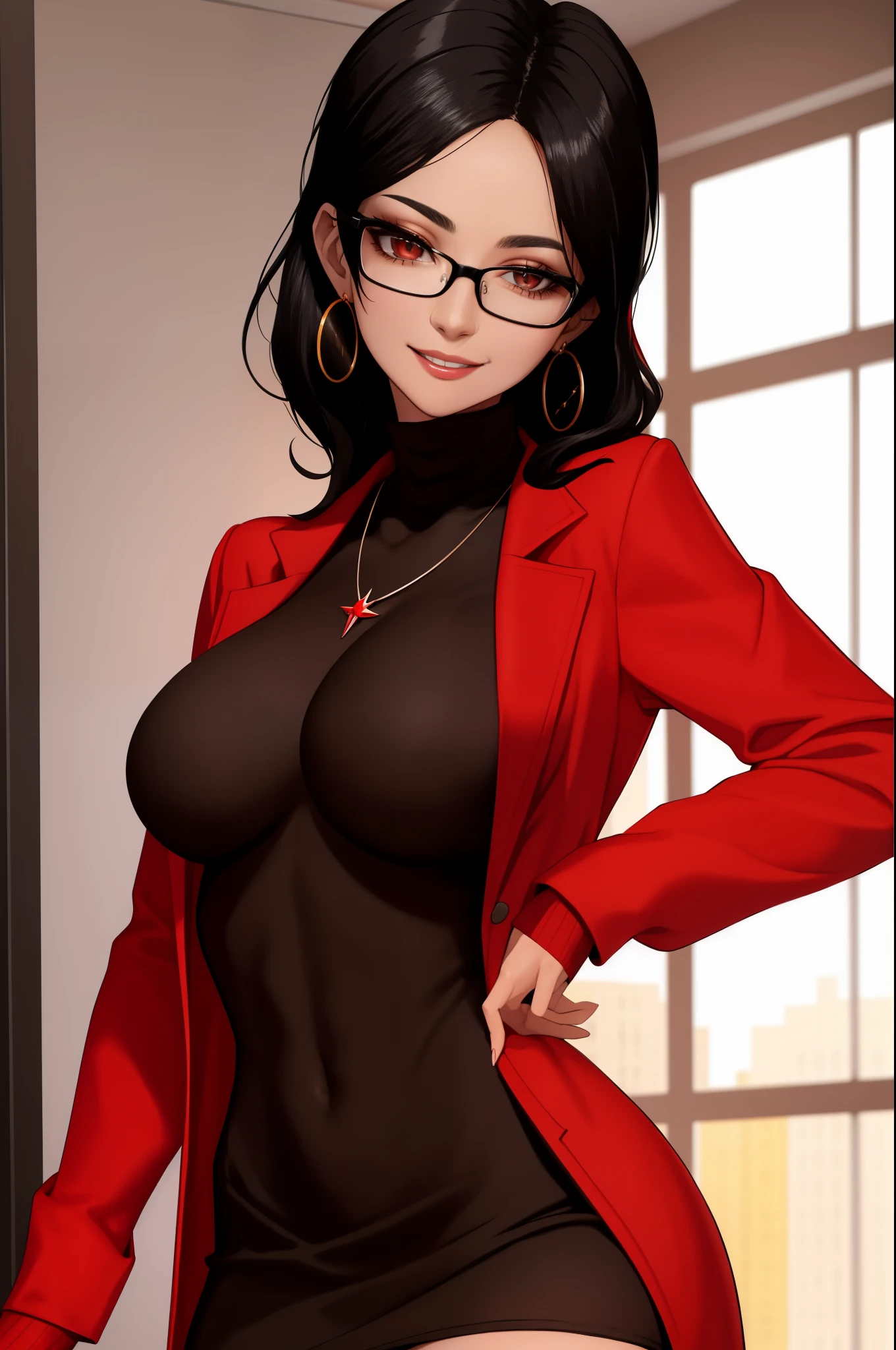 masterpiece, best quality, black hair, glasses, necklace, earrings, red sweater, turtleneck, labcoat, black miniskirt, large breasts, upper body, looking at viewer, doctor's office, smile, mischievous,