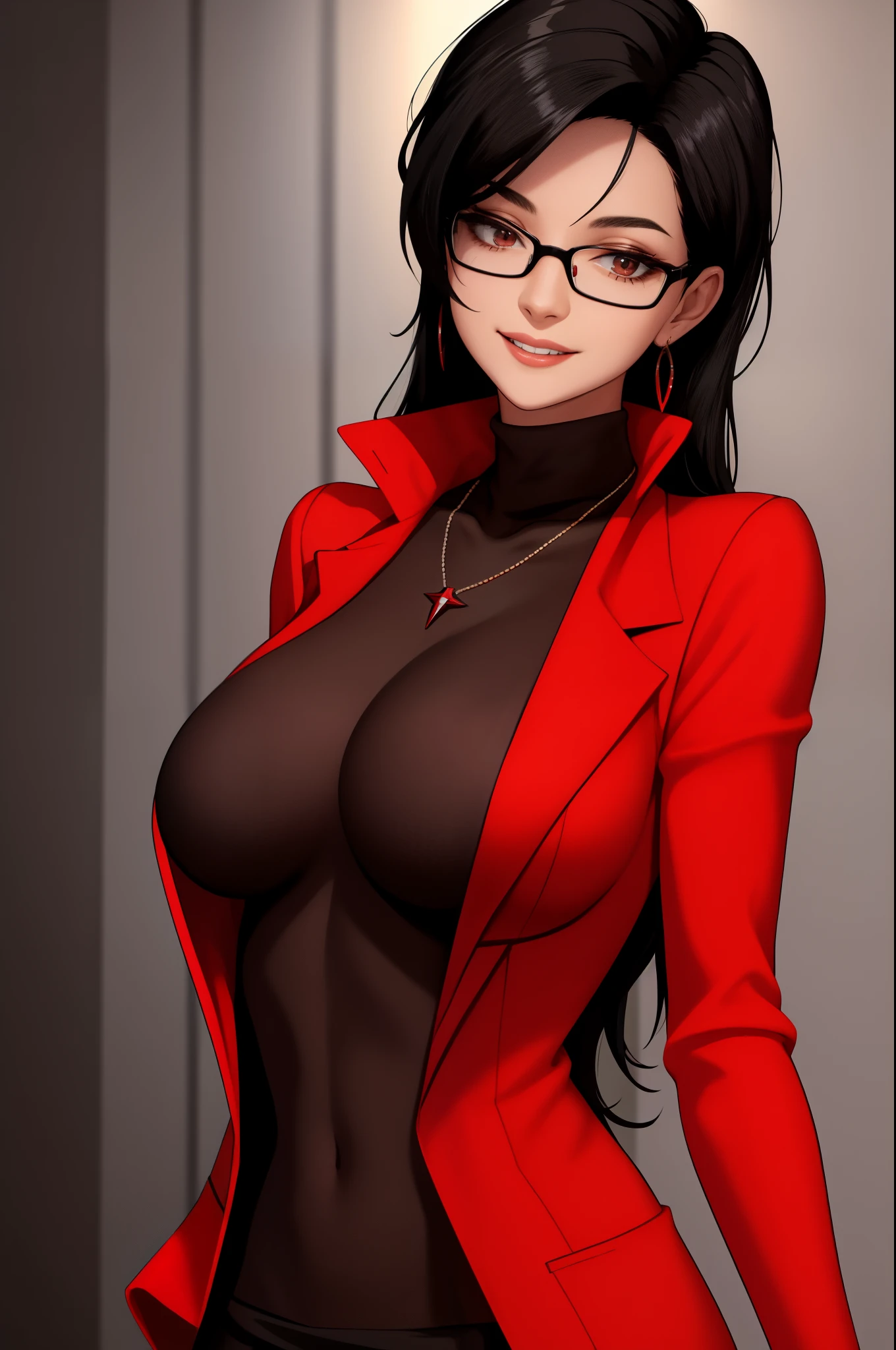 masterpiece, best quality, black hair, glasses, necklace, earrings, red sweater, turtleneck, labcoat, black miniskirt, large breasts, upper body, looking at viewer, doctor's office, smile, mischievous,