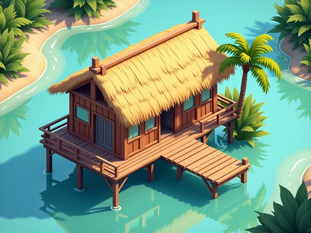 Architectural isometric of a stilt house built on water, made of wood and palm roof 