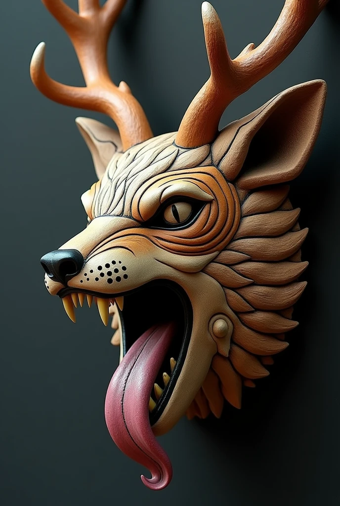 The Nahual Mask profile 3/4 part coyote on the right side, Jaguar part on the left side and deer part on top, with antlers, with the mouth open showing the forked tongue with large fangs