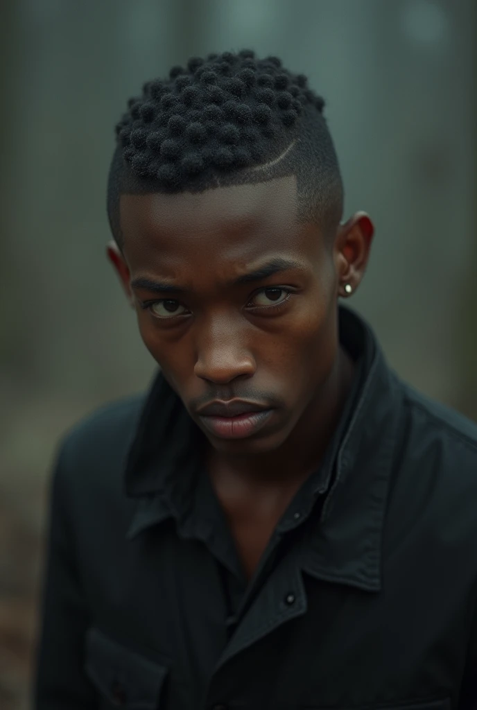 brown skin, buzzcut, amber eyes, skinny, no facial hair, handsome, sad man